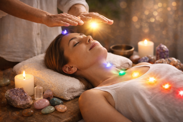 Femme allongée lors d'un soin énergétique avec chakras lumineux colorés sur le corps et cristaux autour