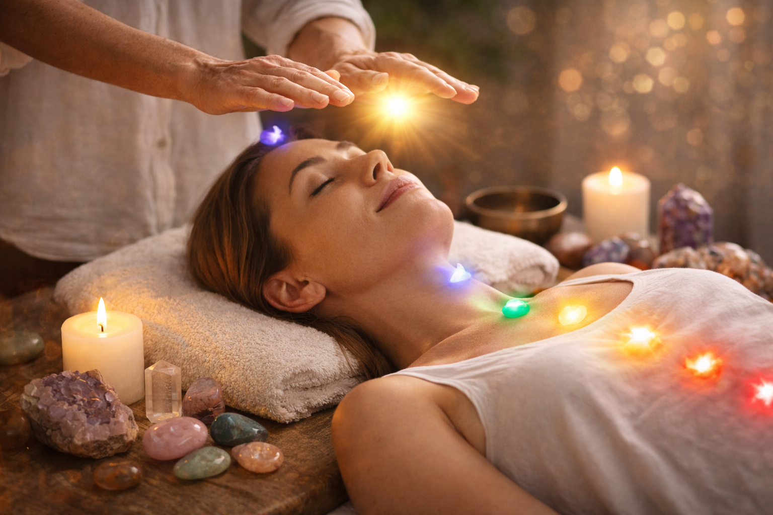Femme allongée lors d'un soin énergétique avec chakras lumineux colorés sur le corps et cristaux autour