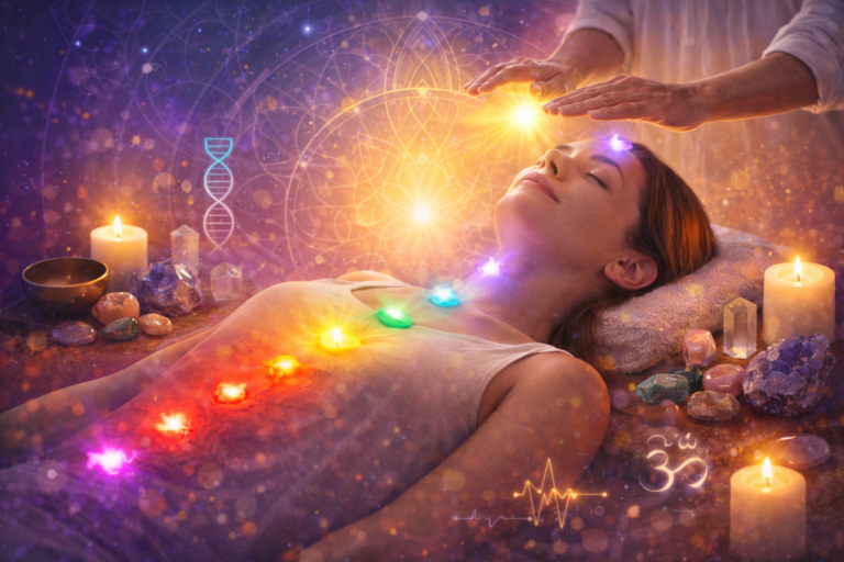 Silhouette humaine en méditation avec les sept chakras lumineux et icônes des bienfaits énergétiques