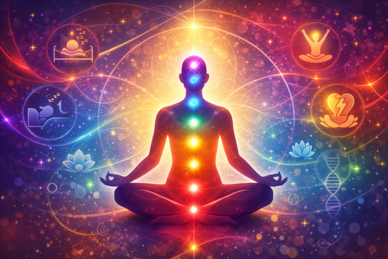 Silhouette en méditation avec les sept chakras colorés et symboles des bienfaits des soins énergétiques sur fond cosmique violet