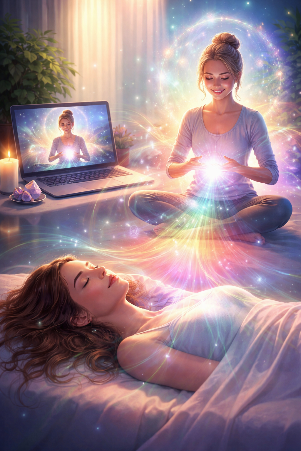 Personne recevant un soin énergétique à distance, les mains du praticien projetant de l'énergie lumineuse à travers l'espace