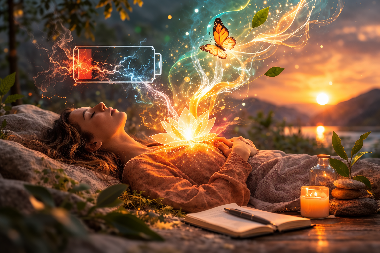 Batterie se rechargeant avec des éclairs d'énergie et un papillon monarque symbolisant l'auto-guérison énergétique