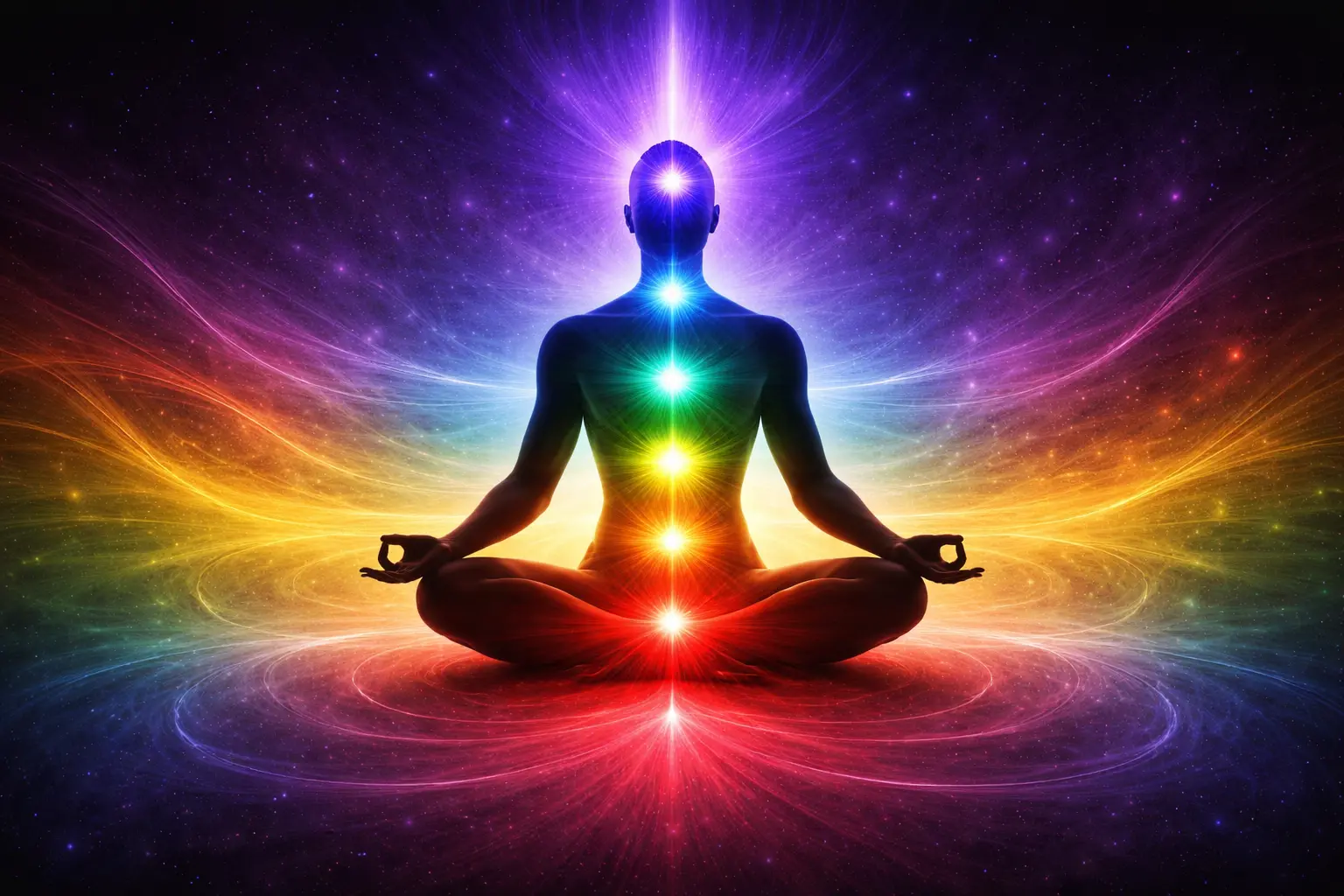 Roue des chakras colorés reliés à leurs émotions respectives sur une silhouette humaine en méditation