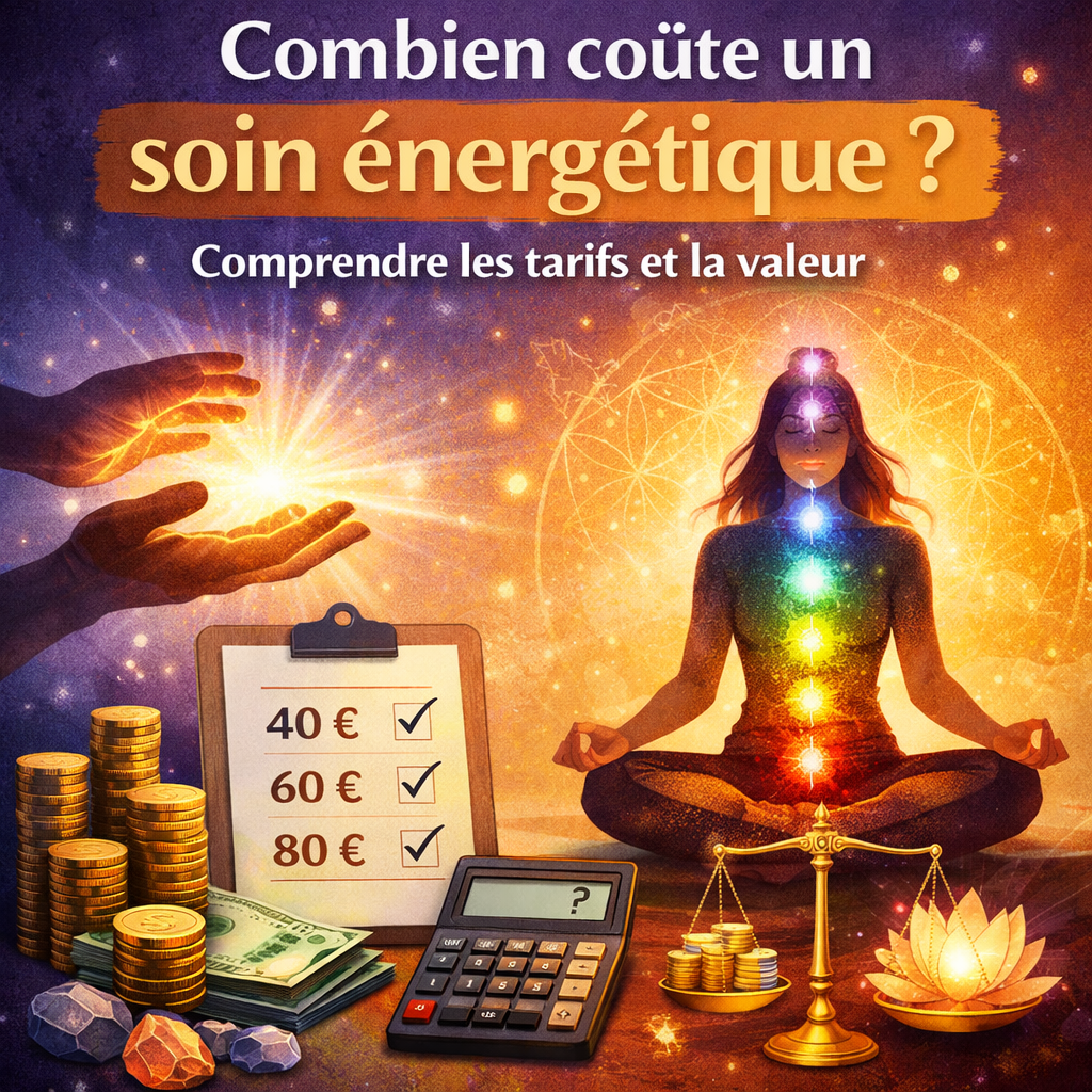 Bannière avec le texte Combien coûte un soin énergétique sur fond violet étoilé et bandeau doré