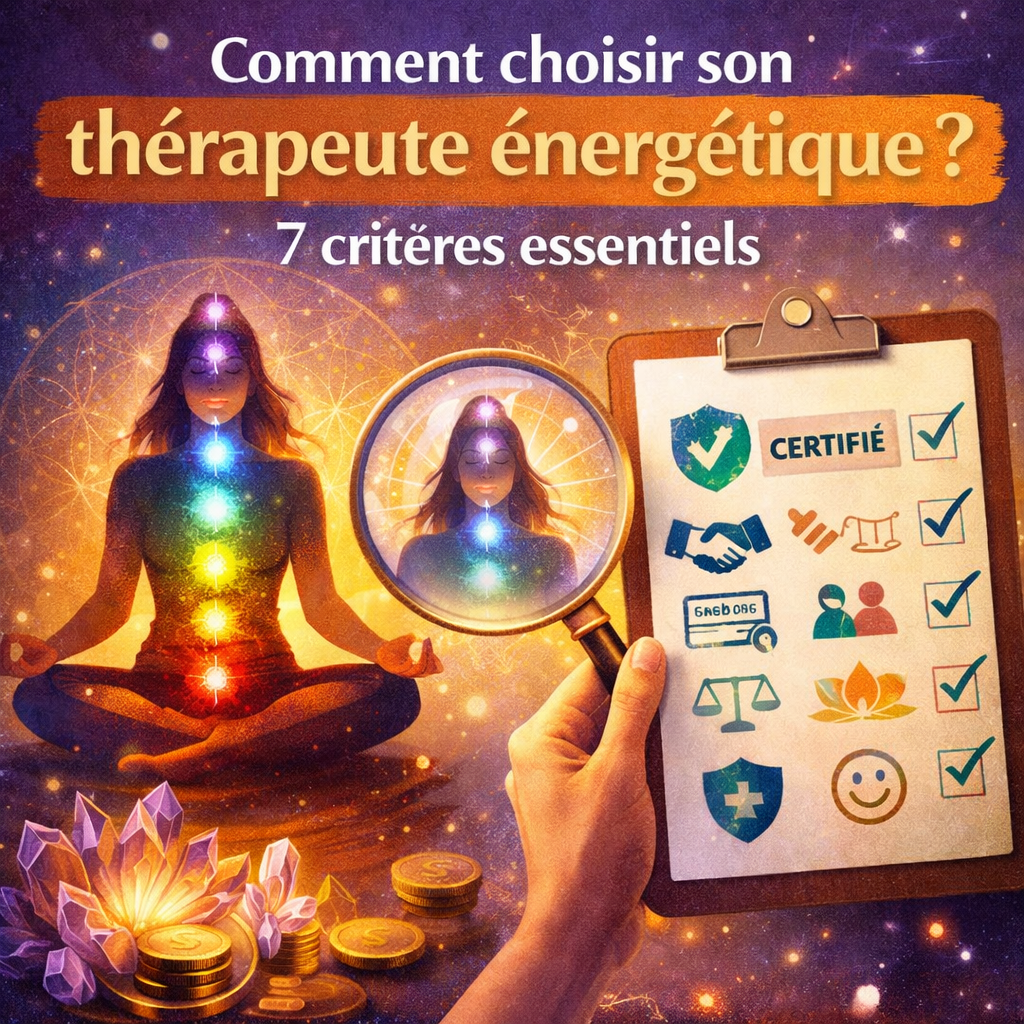Femme en méditation avec chakras et presse-papiers listant 7 critères essentiels pour choisir son thérapeute énergétique