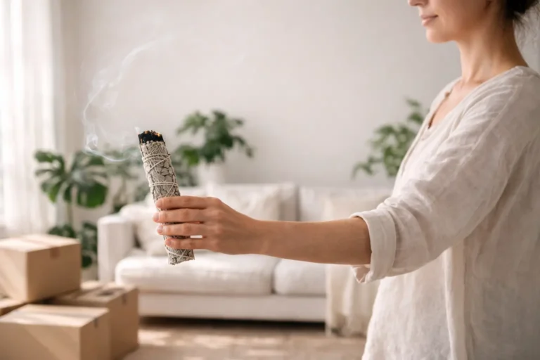Personne réalisant un nettoyage énergétique de soi étape par étape avec fumée de sauge et intentions conscientes
