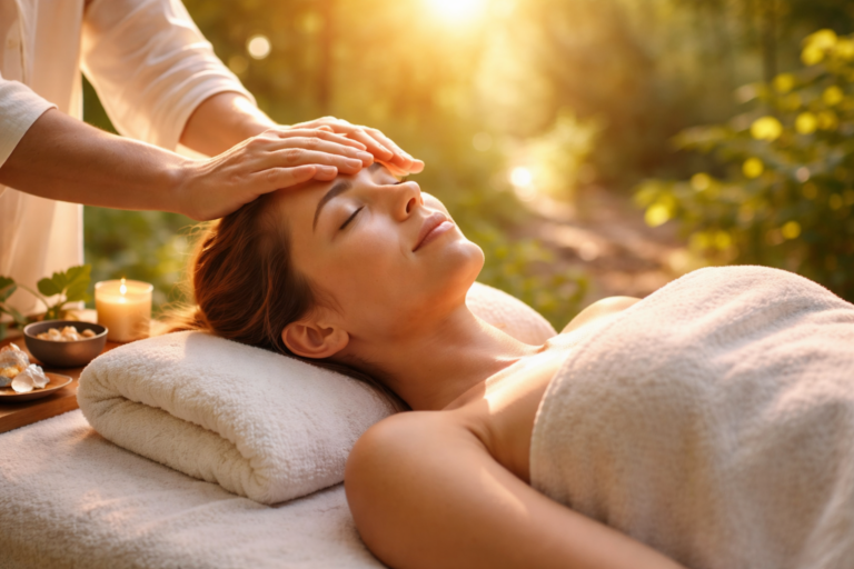 Femme allongée les yeux fermés avec mains du praticien sur le visage, bougie et cristaux, pour préparer une séance de soin énergétique