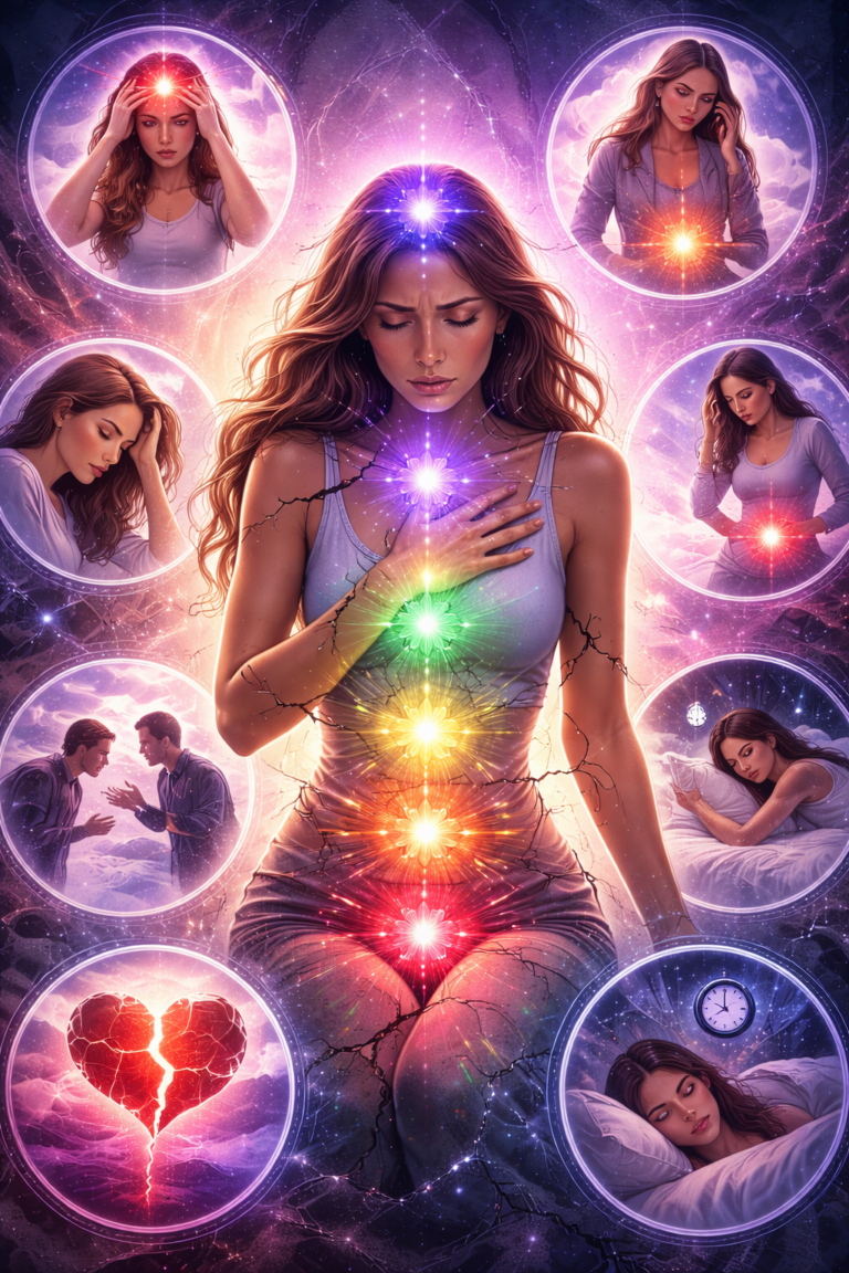 Silhouette humaine avec zones d'énergie bloquées visibles illustrant les 7 signes d'un blocage énergétique