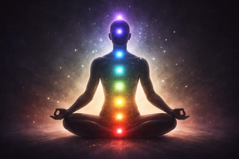 Silhouette humaine avec chakras bloqués s'ouvrant progressivement lors d'un travail de déblocage énergétique