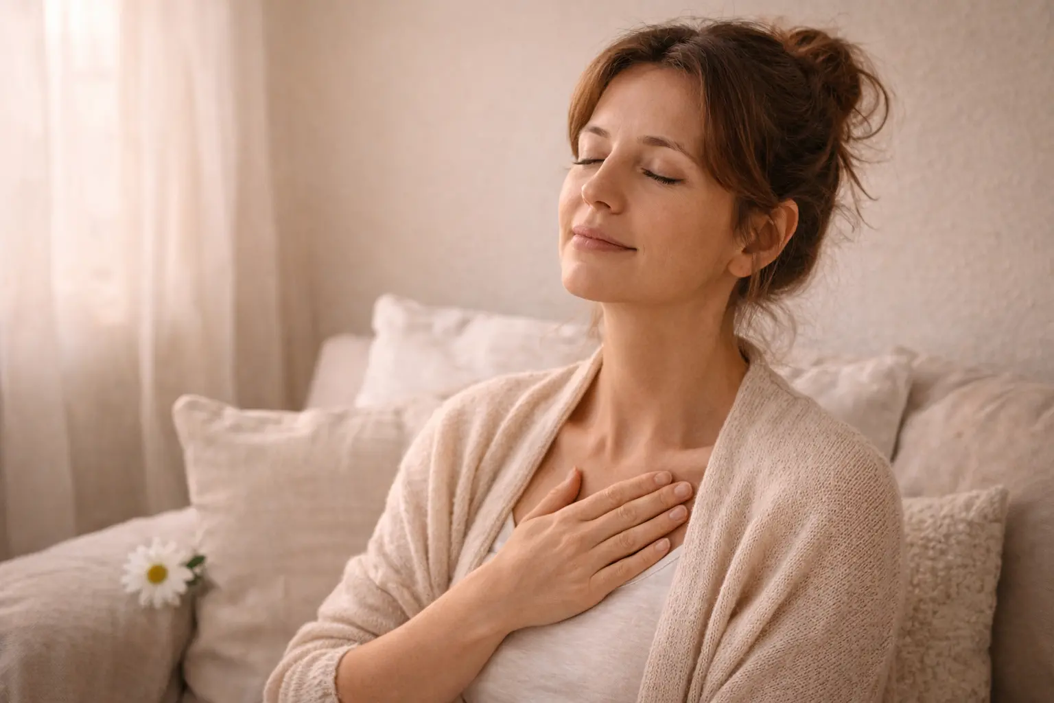 Personne en deuil entourée d'une lumière douce et bienveillante symbolisant l'accompagnement énergétique dans la perte