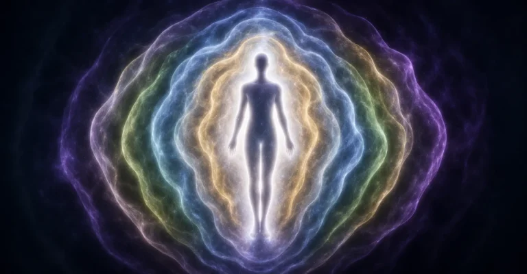 Silhouette humaine en méditation avec lumière blanche et dorée irradiant du centre du corps vers l'univers symbolisant l'énergie vitale prana et chi