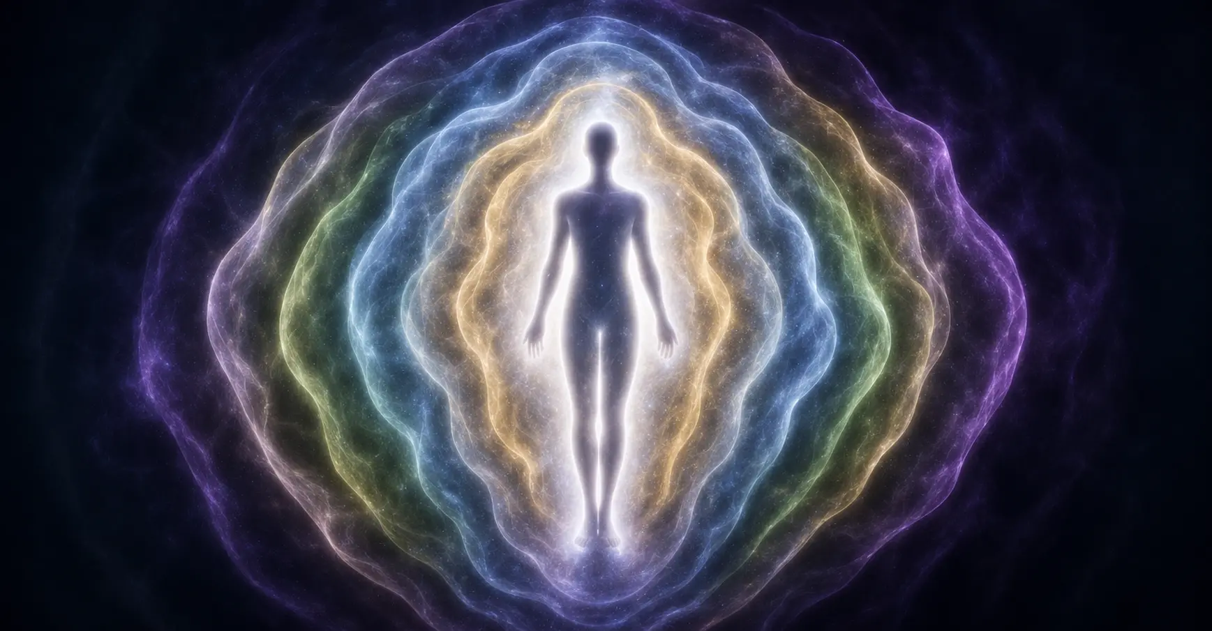 Silhouette humaine en méditation avec lumière blanche et dorée irradiant du centre du corps vers l'univers symbolisant l'énergie vitale prana et chi