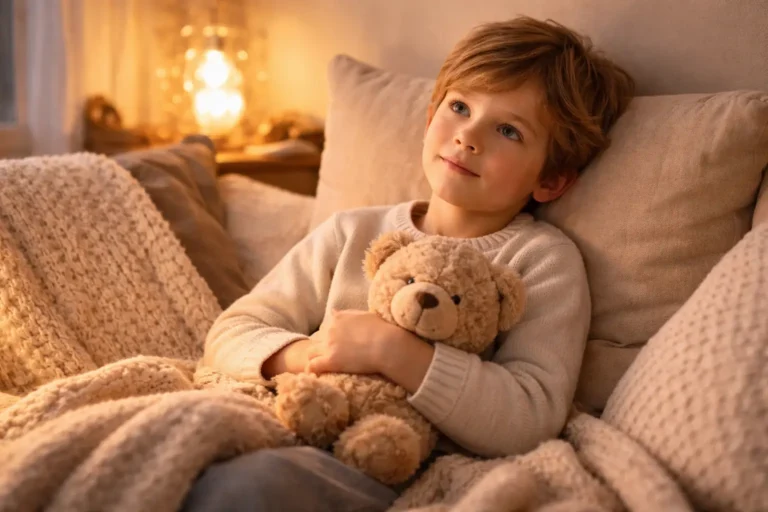 Enfant hypersensible allongé pensif dans une lumière chaude et tamisée illustrant la sensibilité émotionnelle et énergétique