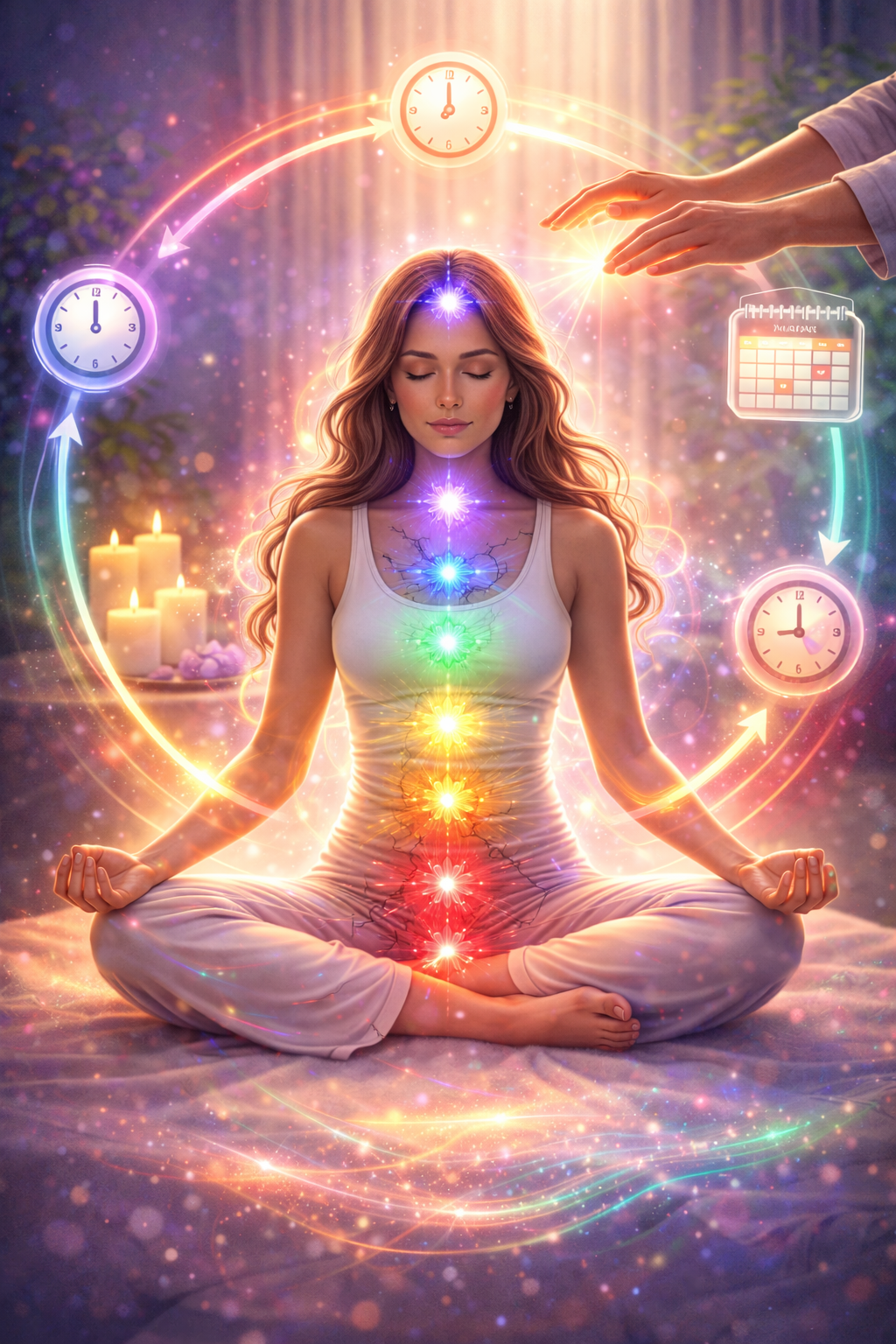 Personne en méditation avec chakras lumineux activés et horloge symbolisant la fréquence de l'équilibrage énergétique