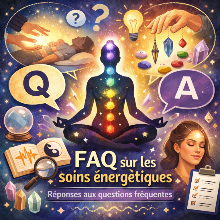 Femme entourée de mains bienveillantes, cristaux et points d'interrogation illustrant une FAQ sur les soins énergétiques