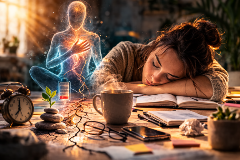 Femme épuisée avec silhouette énergétique translucide se détachant d'elle symbolisant la fatigue énergétique