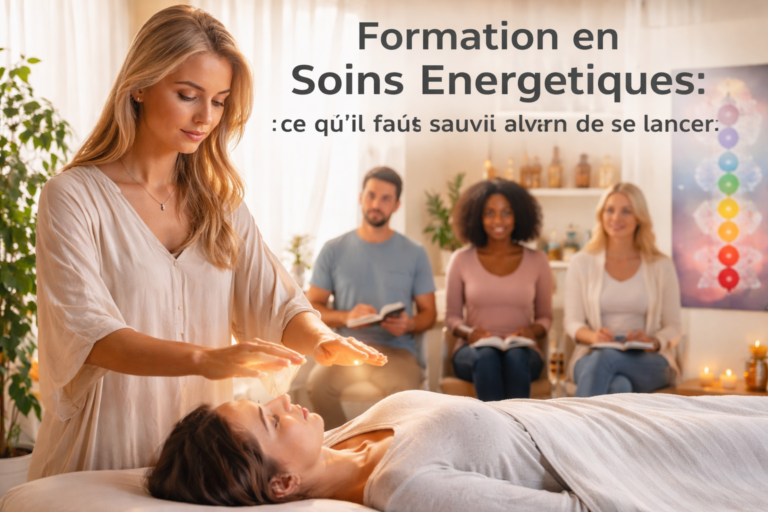 Femme allongée recevant un soin énergétique avec mains du praticien au-dessus de sa tête dans une ambiance de formation apaisante