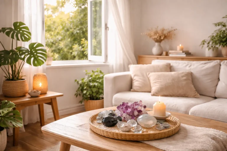 Intérieur harmonieux avec plantes et cristaux illustrant la fréquence idéale de nettoyage énergétique