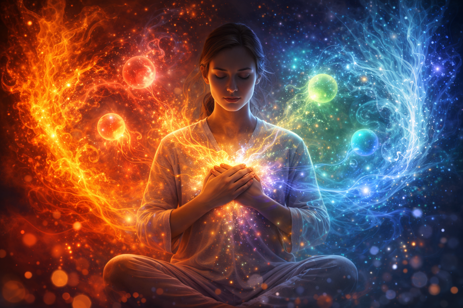 Femme entre deux flux d'énergie rouge-orangé et bleu-vert symbolisant la guérison émotionnelle par l'énergie