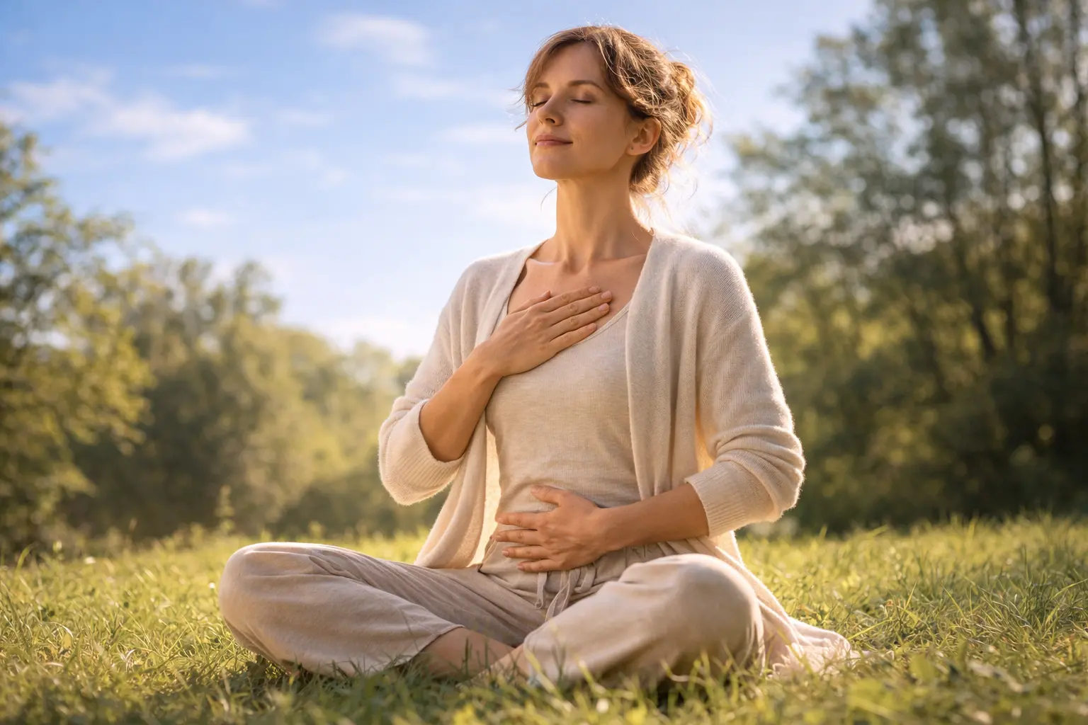 Personne assise dehors une main sur le ventre et l'autre sur le cœur en pleine respiration consciente pour rééquilibrer son énergie