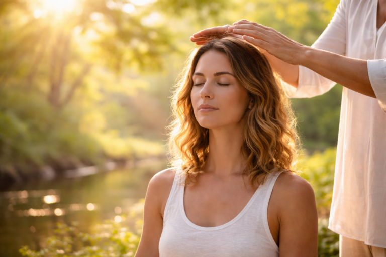 Femme les yeux fermés recevant un soin reiki en plein air avec mains du praticien au-dessus de sa tête dans une lumière dorée apaisante