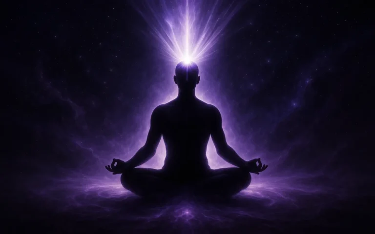 Chakra couronne violet lumineux au sommet de la tête d'une silhouette symbolisant la connexion spirituelle et l'éveil