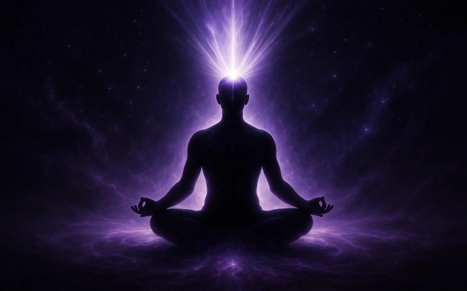 Chakra couronne violet lumineux au sommet de la tête d'une silhouette symbolisant la connexion spirituelle et l'éveil
