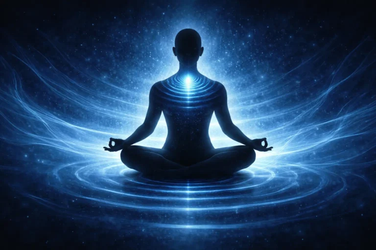 Chakra de la gorge bleu lumineux au niveau du cou symbolisant l'expression authentique et la communication