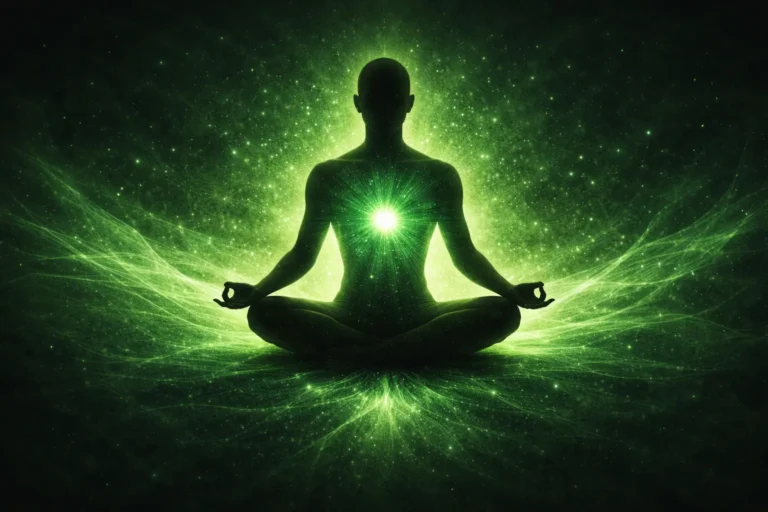 Chakra du cœur vert lumineux au centre de la poitrine d'une silhouette rayonnant amour et compassion