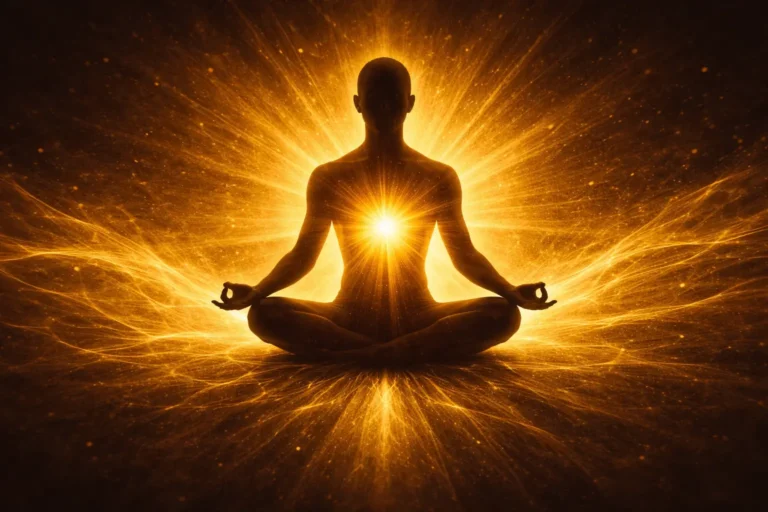 Chakra plexus solaire jaune lumineux au niveau de l'abdomen symbolisant la confiance en soi et le pouvoir personnel