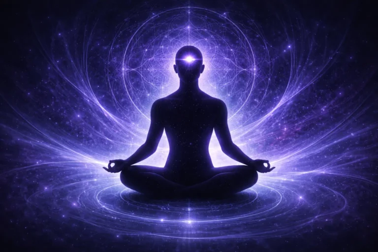 Chakra du troisième œil indigo lumineux au centre du front d'une silhouette symbolisant l'intuition et la vision intérieure