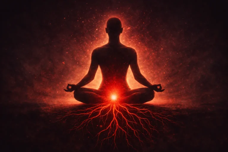 Chakra racine rouge lumineux à la base de la colonne vertébrale d'une silhouette en méditation symbolisant l'ancrage