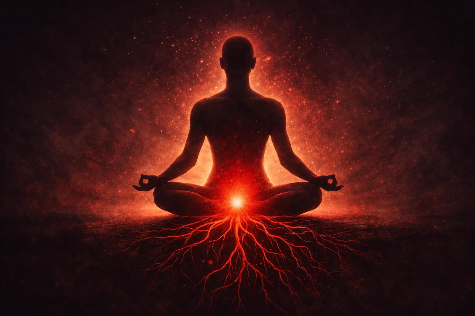 Chakra racine rouge lumineux à la base de la colonne vertébrale d'une silhouette en méditation symbolisant l'ancrage
