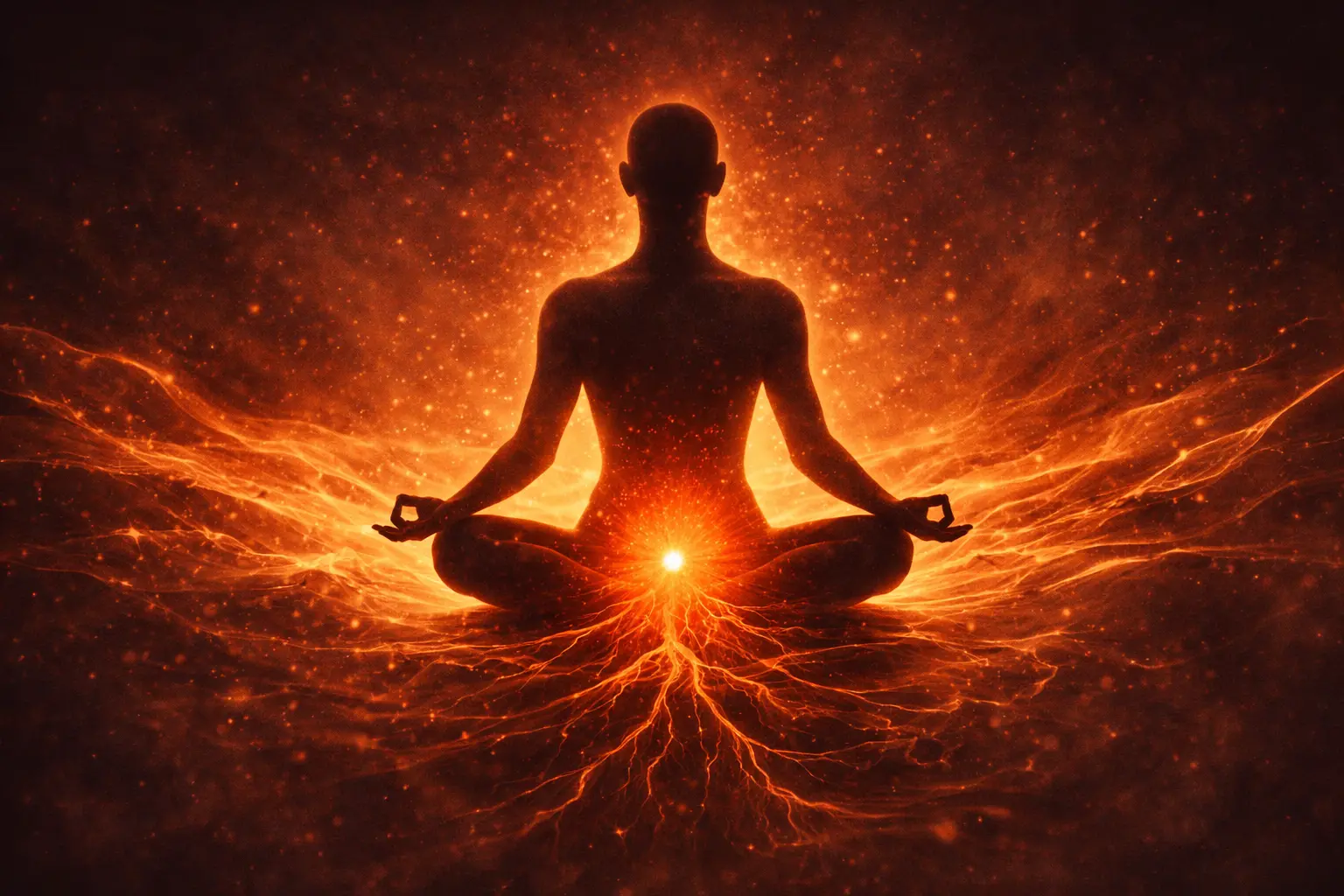 Chakra sacré orange lumineux au niveau du bas-ventre d'une silhouette illustrant la créativité et les émotions