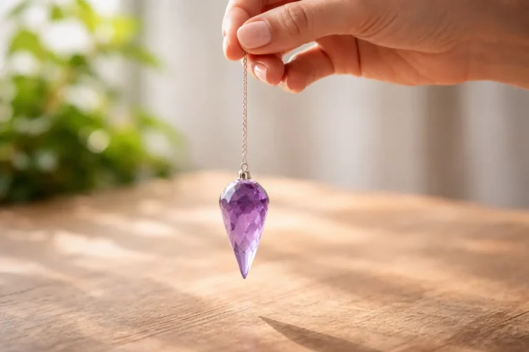 Main tenant un pendule en cristal de quartz suspendu par une chaîne fine au-dessus d'une surface en bois naturel en radiesthésie