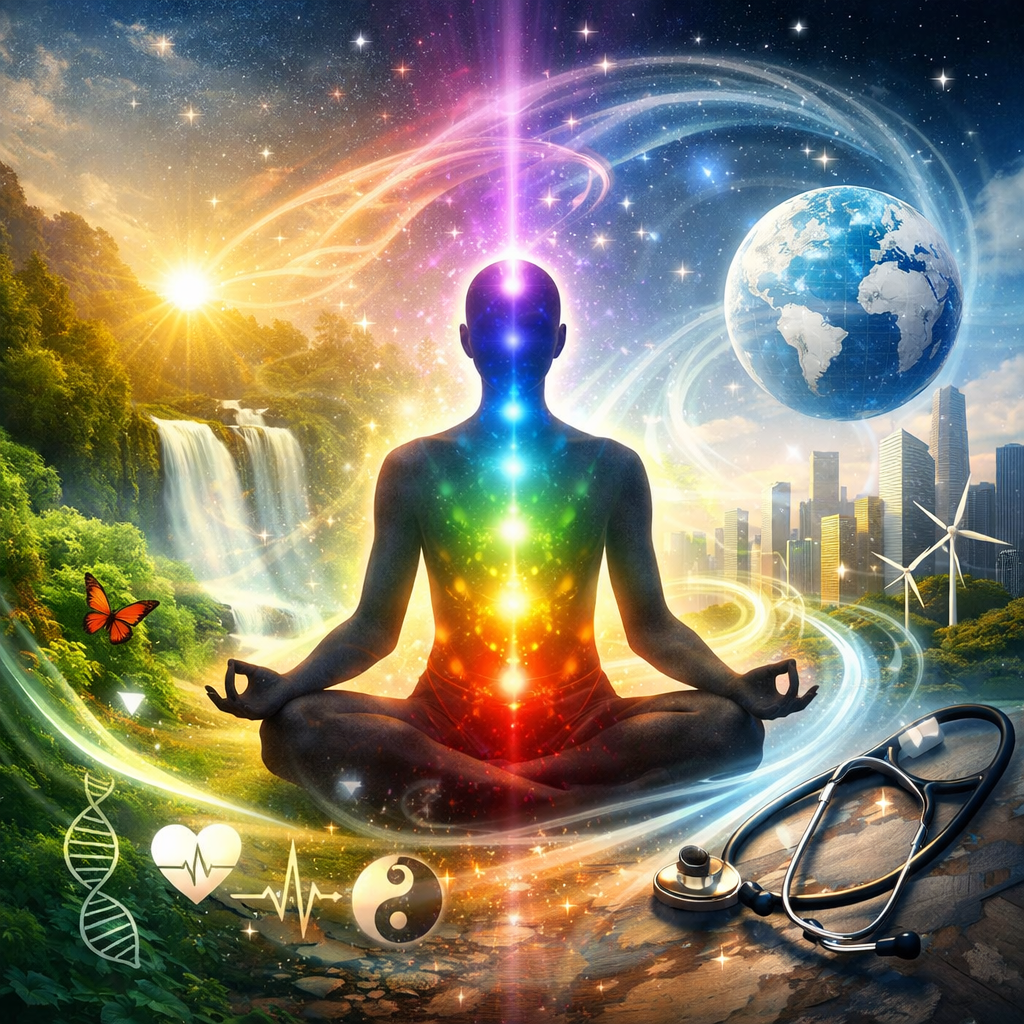 Composition avec ADN, cœur, yin-yang et stéthoscope sur fond lumineux coloré illustrant l'énergie vitale et la santé globale