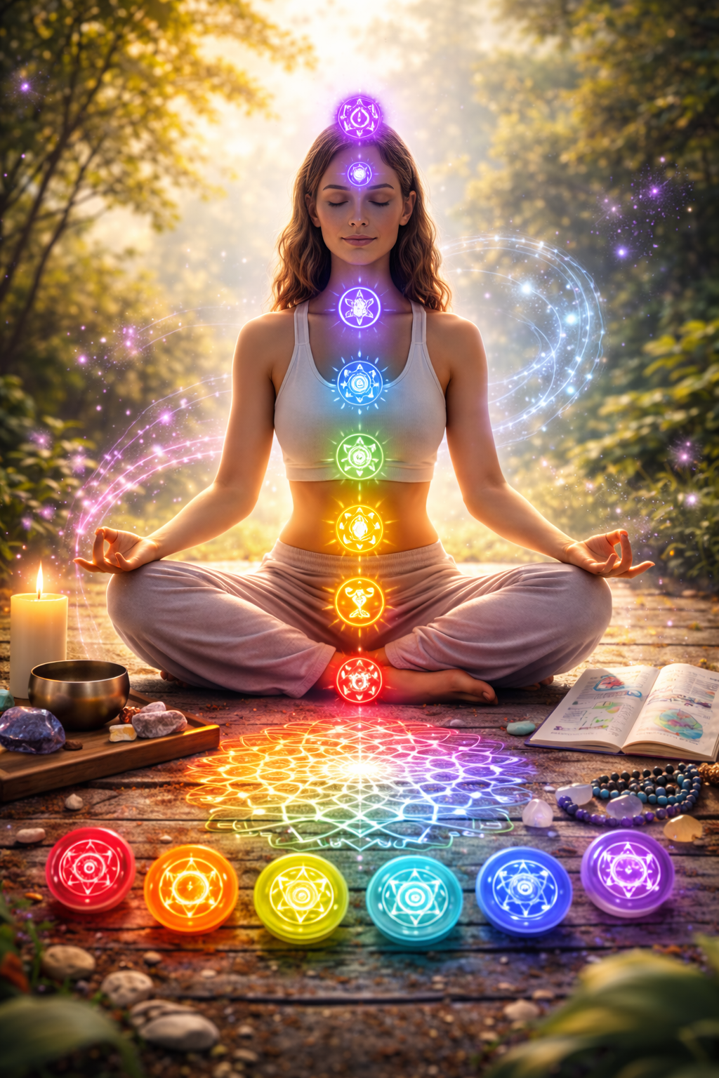 Femme de dos avec chakra couronne violet lumineux activé au sommet de la tête dans un décor naturel ensoleillé