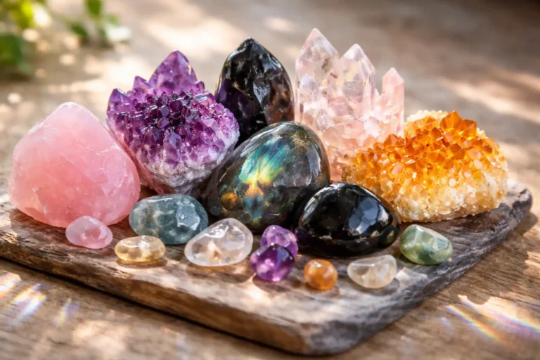 Collection de cristaux de guérison quartz rose améthyste obsidienne et citrine disposés sur bois clair pour débuter