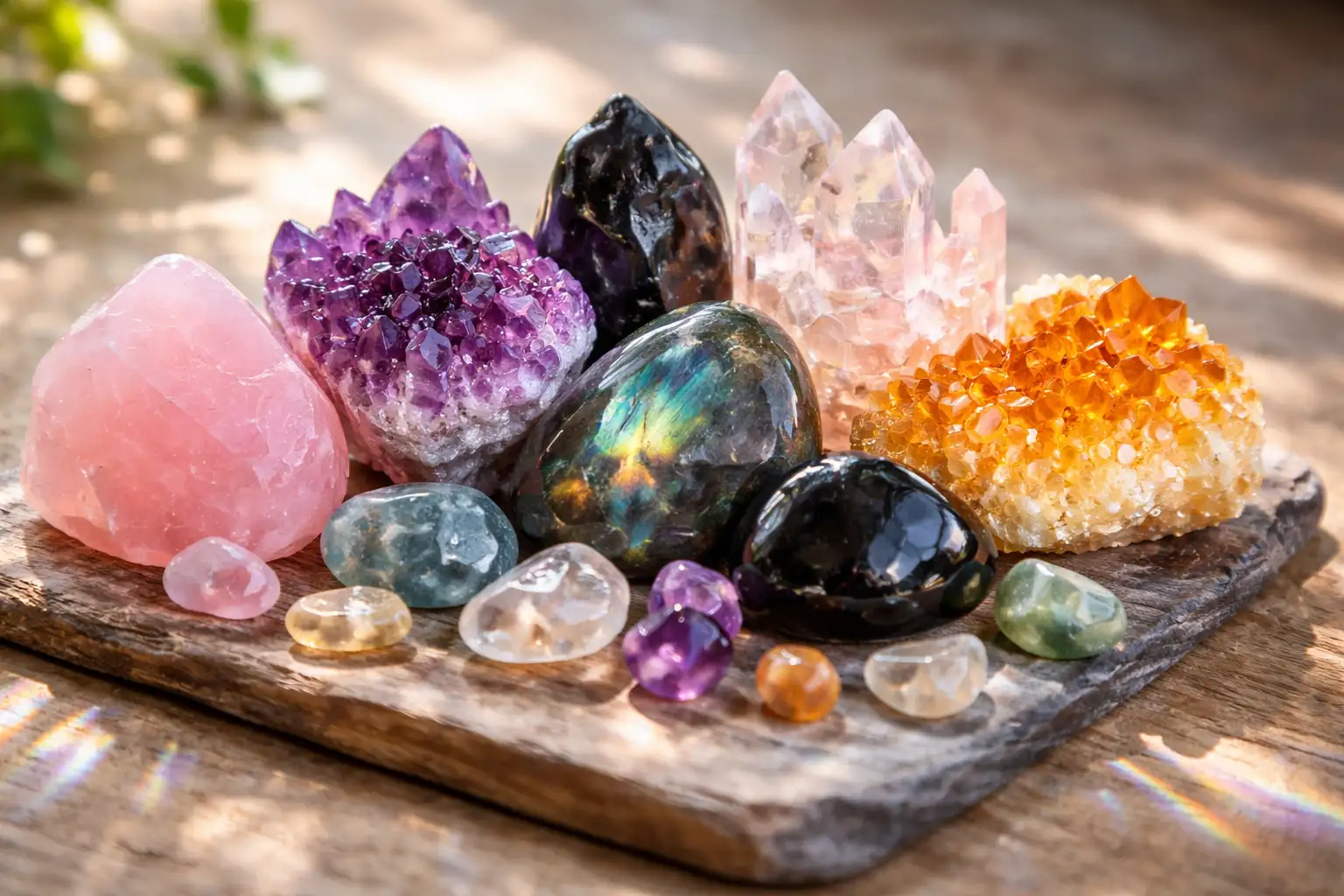 Collection de cristaux de guérison quartz rose améthyste obsidienne et citrine disposés sur bois clair pour débuter
