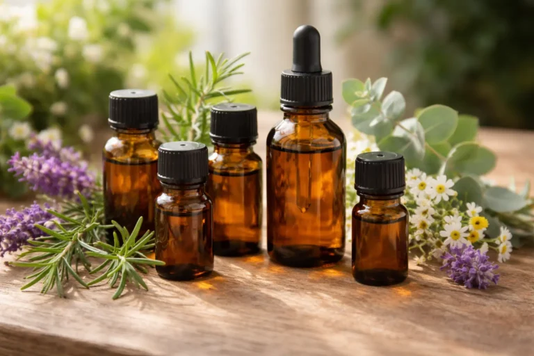 Petits flacons d'huiles essentielles en verre ambré entourés de lavande romarin et eucalyptus pour l'aromathérapie énergétique