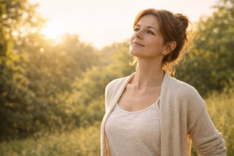 Personne debout en plein air, posture ouverte et sereine, illustrant la confiance en soi grâce à l'énergie