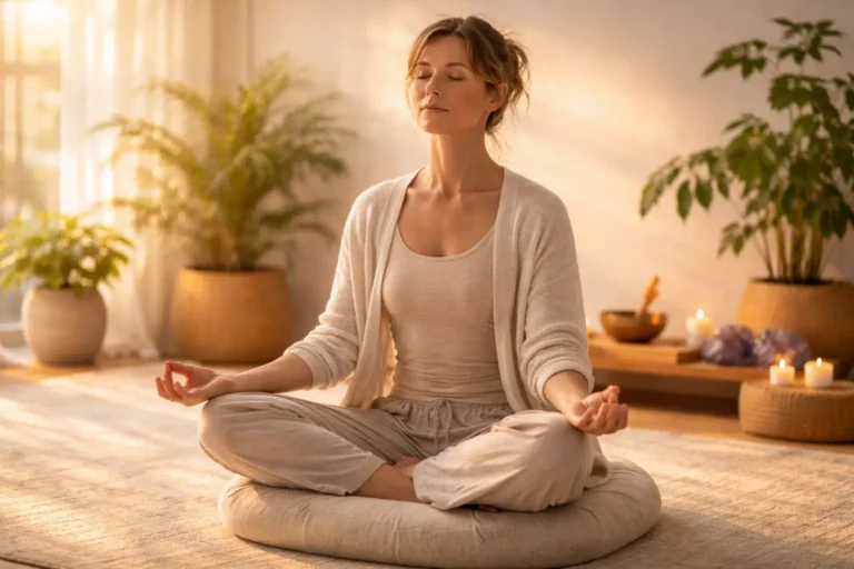 Personne en méditation assise sur un coussin dans un espace épuré avec lumière dorée bols tibétains et cristaux illustrant la méditation et l'énergie