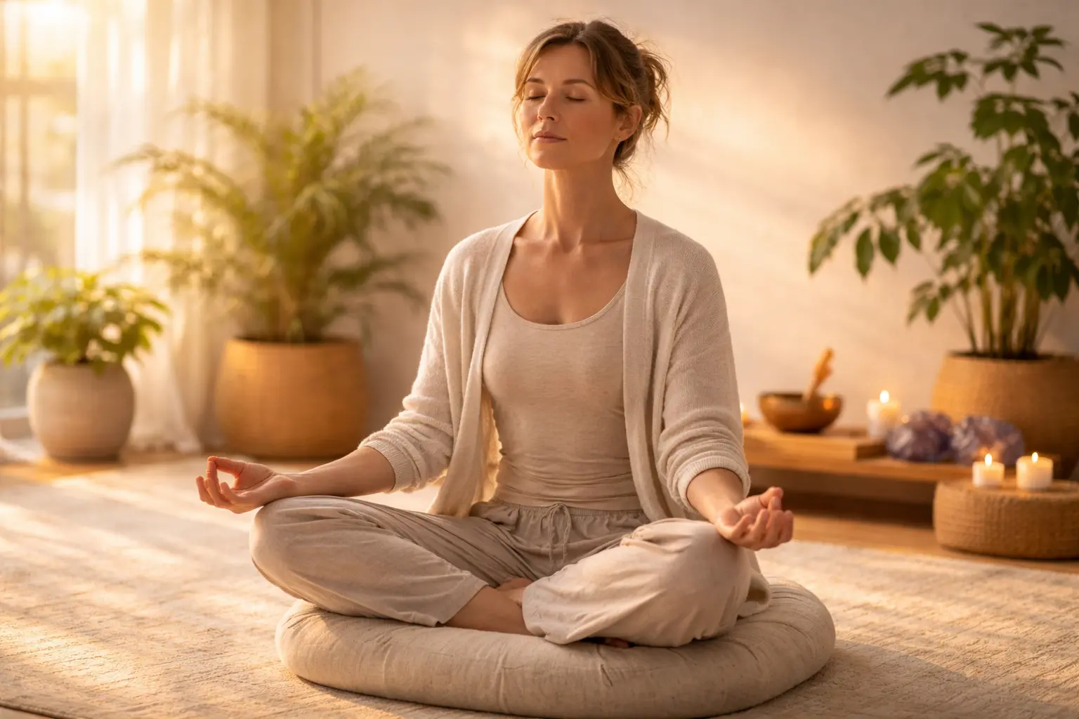 Personne en méditation assise sur un coussin dans un espace épuré avec lumière dorée bols tibétains et cristaux illustrant la méditation et l'énergie