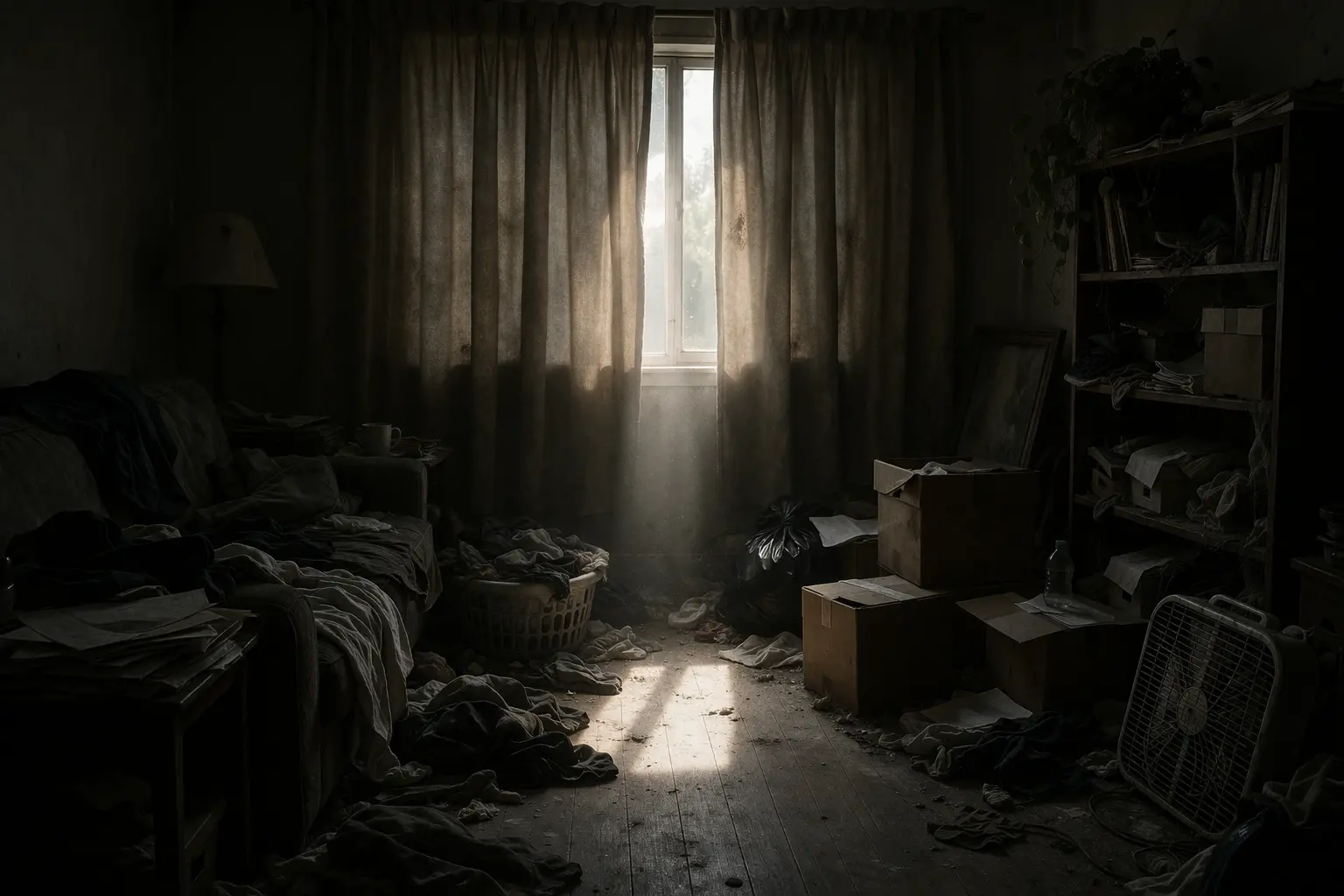 Maison avec signes d'énergie stagnante illustrant 7 signaux indiquant qu'un nettoyage énergétique est nécessaire