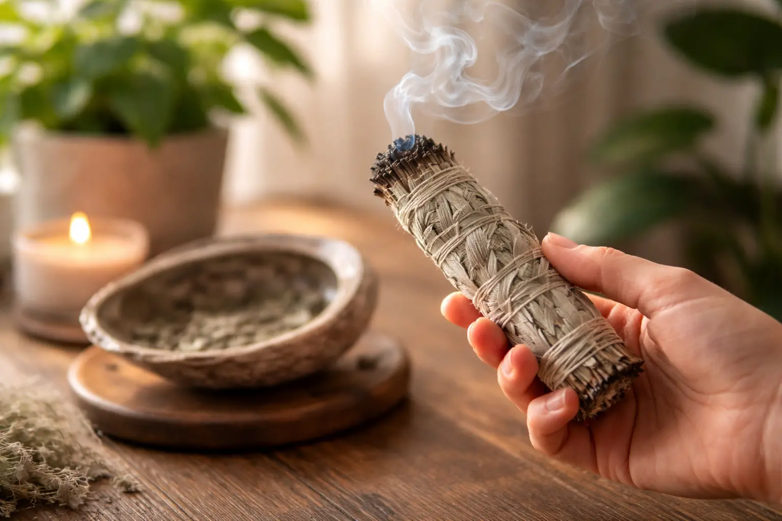 Bâton de sauge blanche allumé dégageant de la fumée pour un nettoyage énergétique