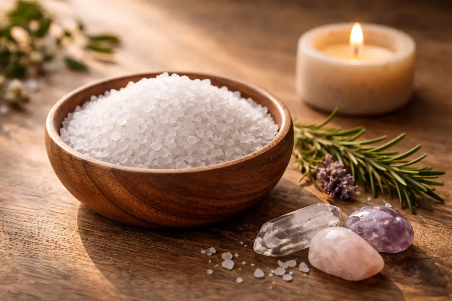 Bol rempli de gros sel blanc pour un rituel de nettoyage énergétique