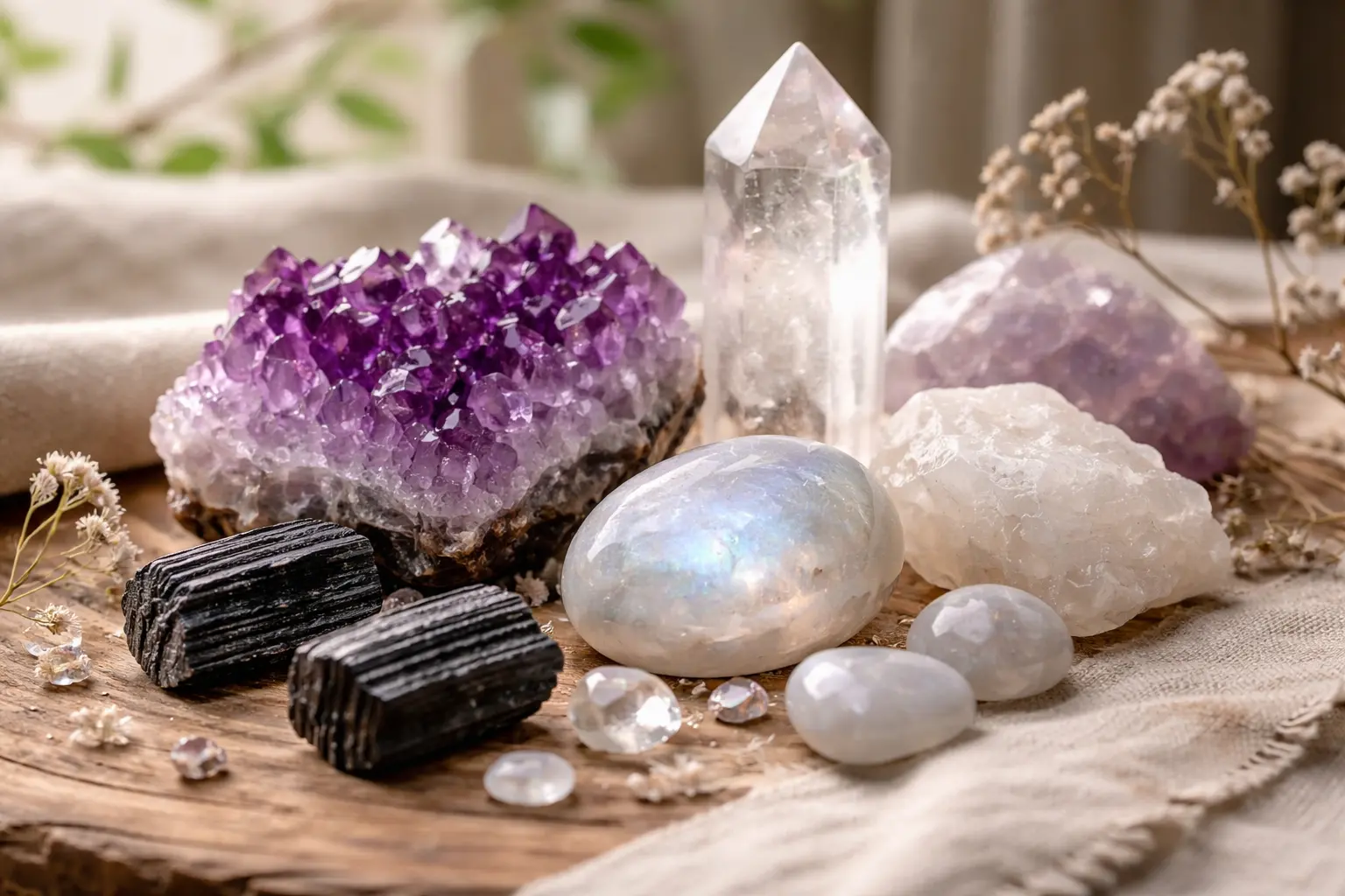 Collection de cristaux de guérison pour un nettoyage énergétique : améthyste, quartz blanc et tourmaline noire