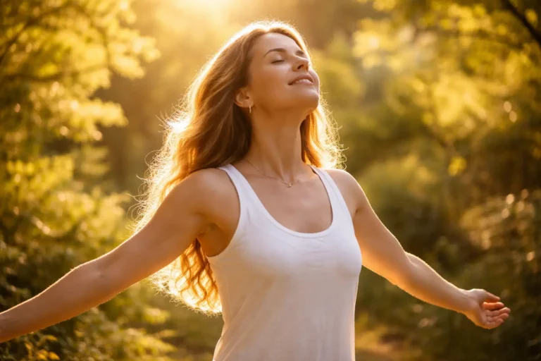 Femme debout sous une lumière dorée les bras ouverts pratiquant le nettoyage énergétique de soi