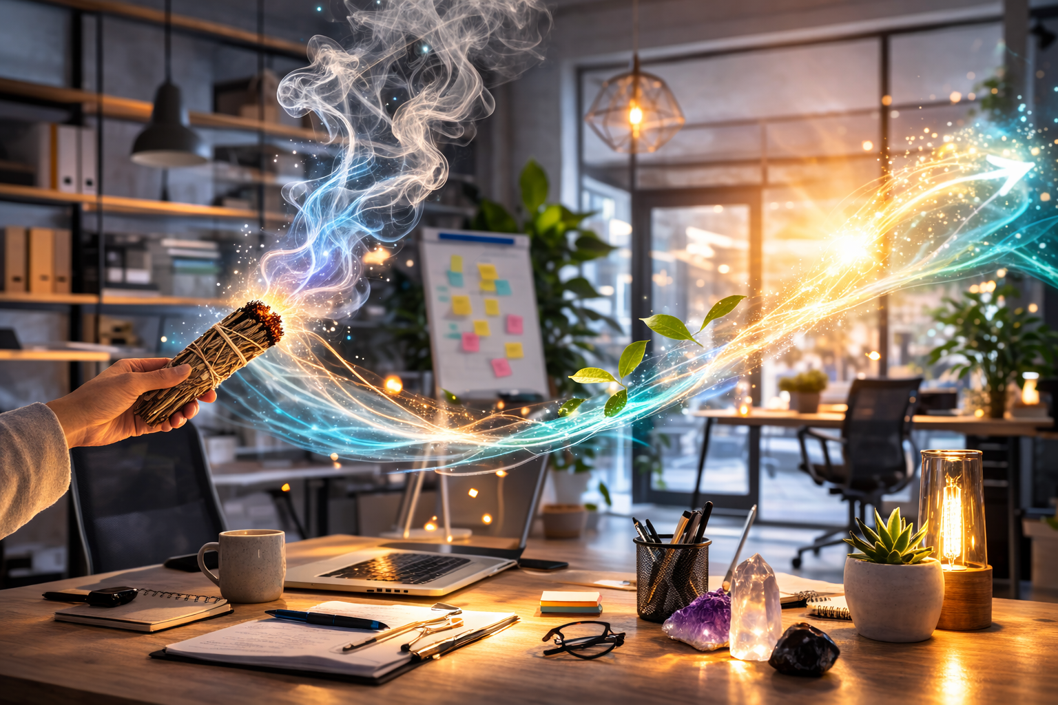 Bureau moderne traversé de fumée de sauge et de flux d'énergie colorés lors d'un nettoyage énergétique d'un lieu de travail