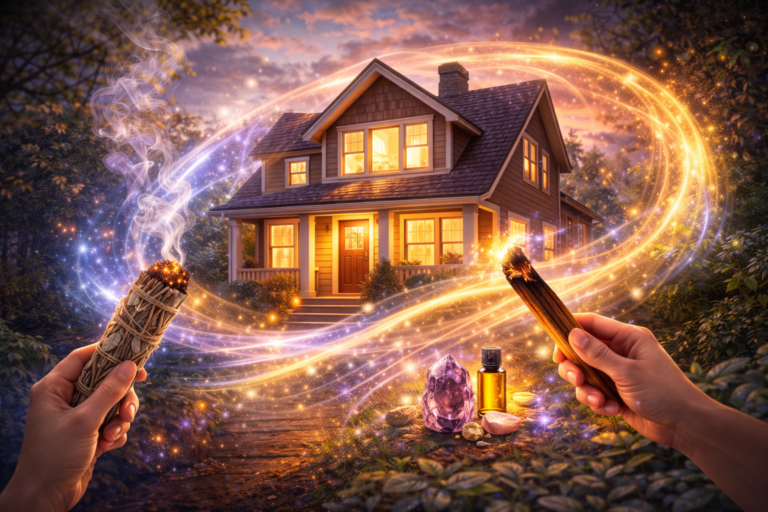 Maison illuminée entourée d'anneaux d'énergie dorés et violets symbolisant le nettoyage énergétique d'une maison